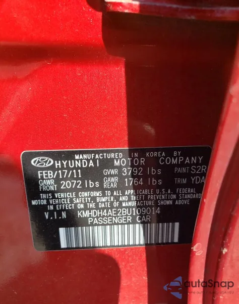 2011 Hyundai Elantra Gls from USA, damaged, VIN KMHDH4AE2BU109014